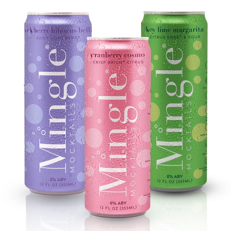 Mingle Mocktails pack front view showing 24 cans and colorful labels for easy selection