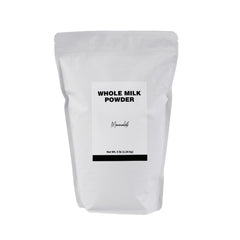 Minimalist whole milk powder front packaging showing resealable bag and label, clear storage benefit