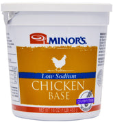 Minor's jar front label showing low sodium chicken base for consistent flavor