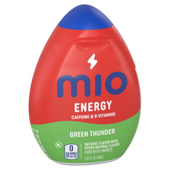 Mio Green Thunder drop dispensing into water illustrating one-squeeze flavor and caffeine