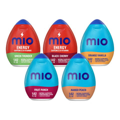 Mio pack front view showing five flavor bottles and clear labeling, convenient portability