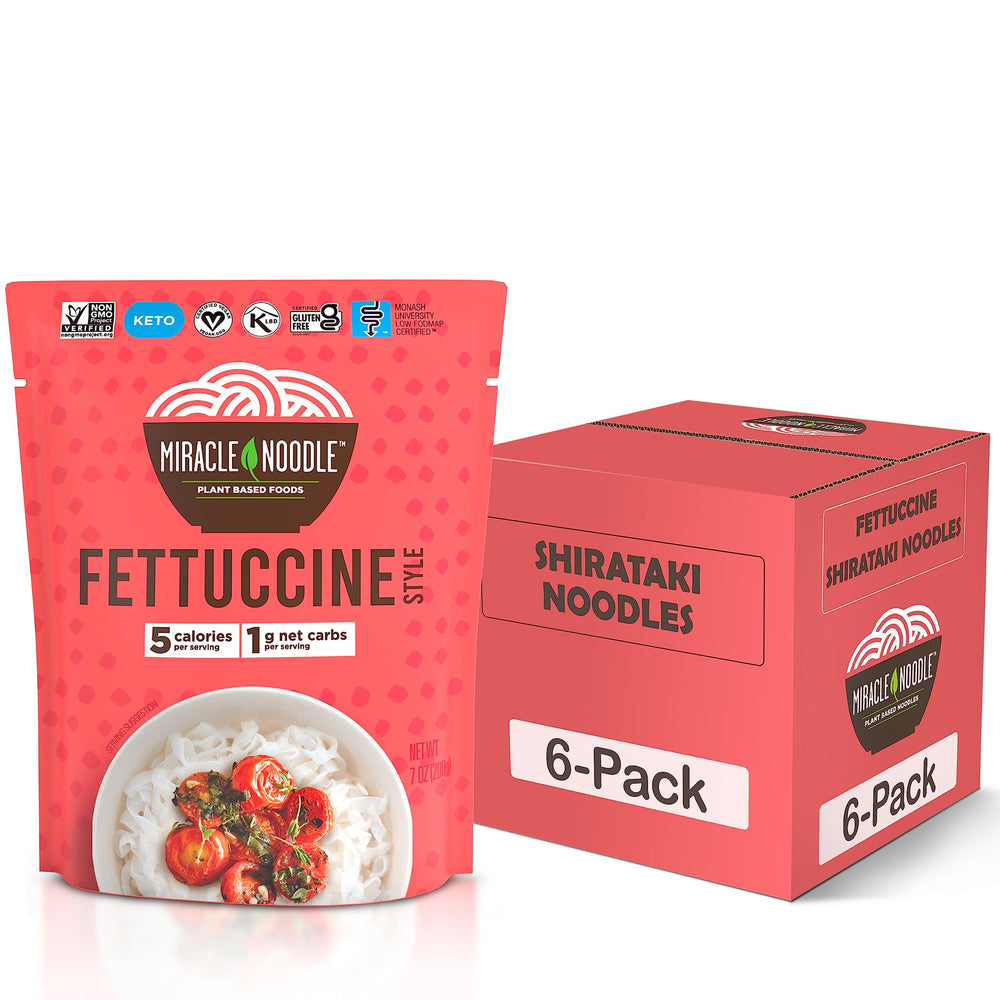 Miracle Noodle front packaging showing pack of six and convenience benefits