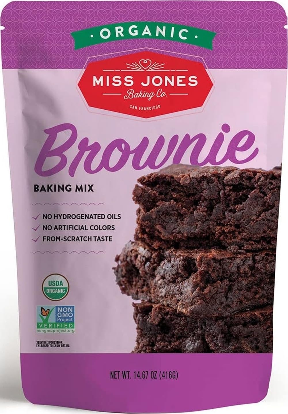 Miss Jones Baking front of box showing organic vegan badge and rich cocoa benefit