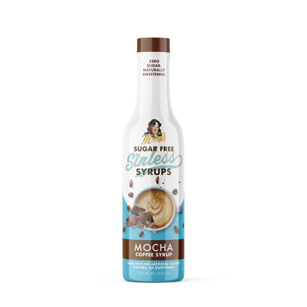 Miss Mary's Morning Elixir Premium Bloody Mary Mixxx front label showing sugar free mocha benefits