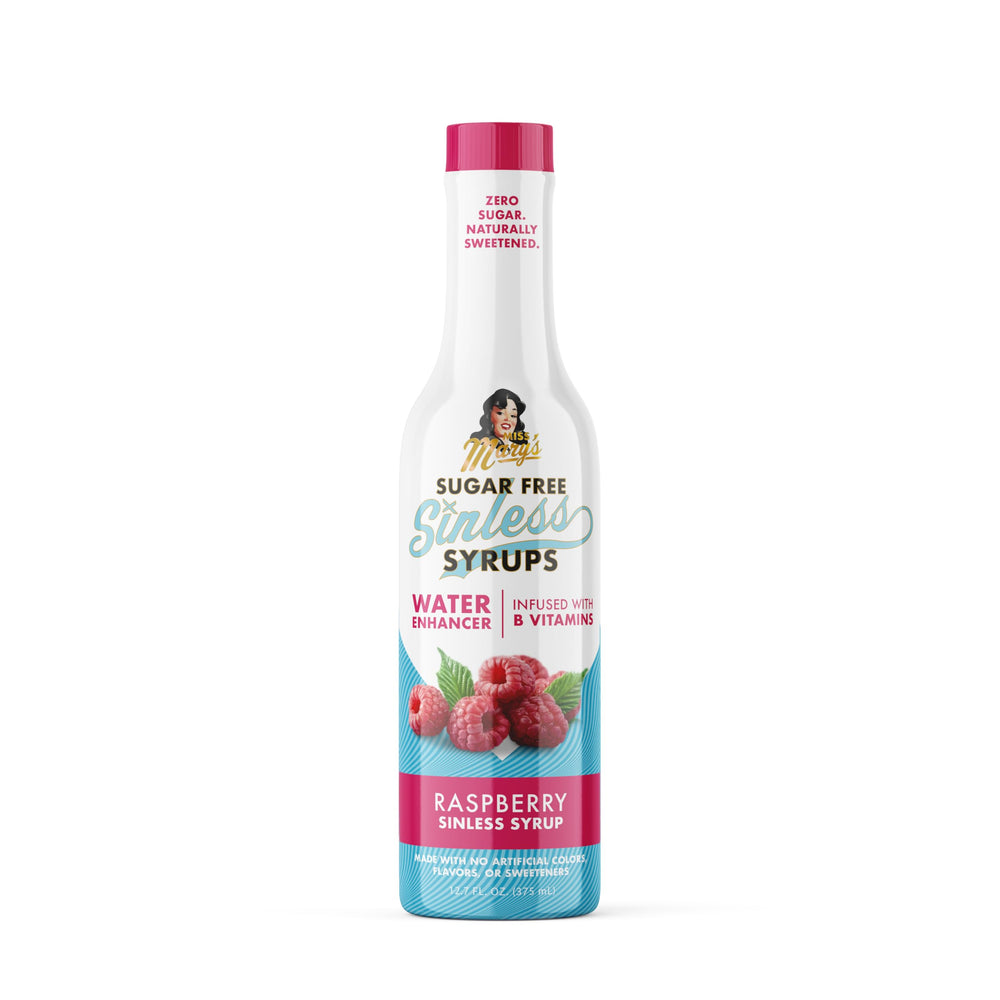 Miss Mary's Raspberry Sinless front packaging showing bottle and serving benefit