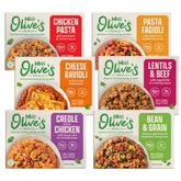 Miss Olive's 6-pack front packaging shows variety and pantry convenience