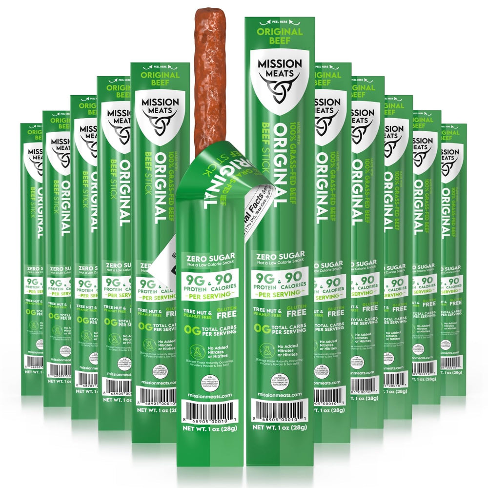 Mission Meats front packaging showing 12-count paleo beef sticks and convenience
