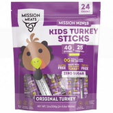 Mission Meats front packaging showing 24-count kids turkey sticks and benefits