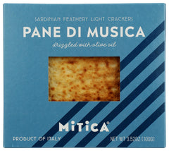 Mitica Pane Di Musica front packaging showing thin crackers and serving idea
