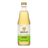 Mizkan rice vinegar front bottle shows clear mild vinegar for versatile cooking