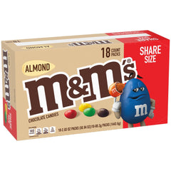 M&M's front packaging box showing 18 pouches and colorful shells as convenient bulk snack
