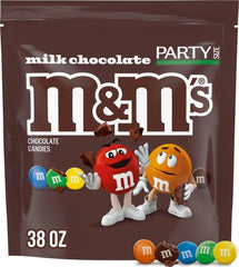 M&M's front packaging shows 38 oz party-size bag for easy sharing