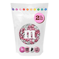 M&M'S WORLD front packaging showing pink white candies and easy-serving convenience