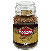 Moccona Classic dark roast jar front view showing branded label and elegant storage benefit