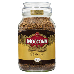 Moccona jar front view showing label and 400g size, highlighting convenience