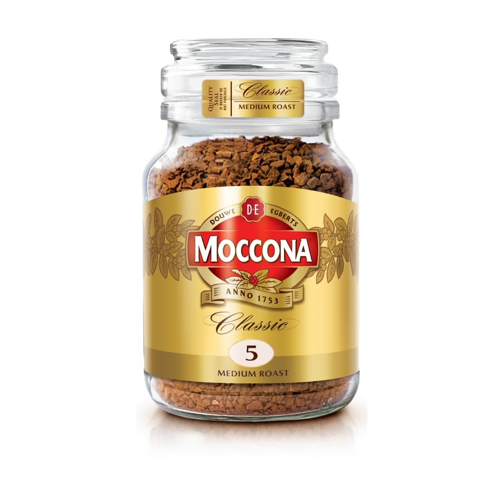 Moccona jar front view showing medium roast and elegant packaging benefits