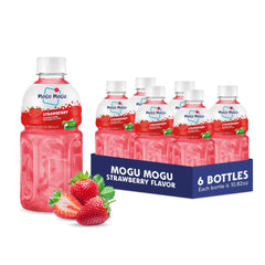 Mogu Mogu front packaging showing strawberry drink and nata de coco benefit snackable sipping