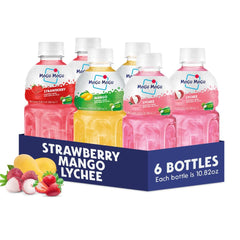 Mogu Mogu front packaging showing six-bottle variety pack and bright fruit art