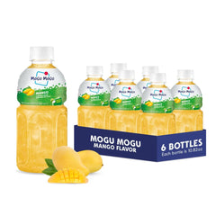 Mogu Mogu front packaging showing six mango bottles and colorful branding benefit: easy grab-and-go