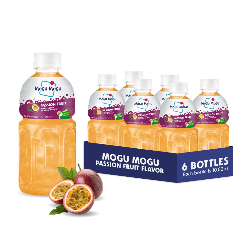 Mogu Mogu front packaging showing six bottles and vibrant passion fruit benefit