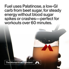 Momentous Fuel close-up scoop with powder, accurate portioning for consistent fueling