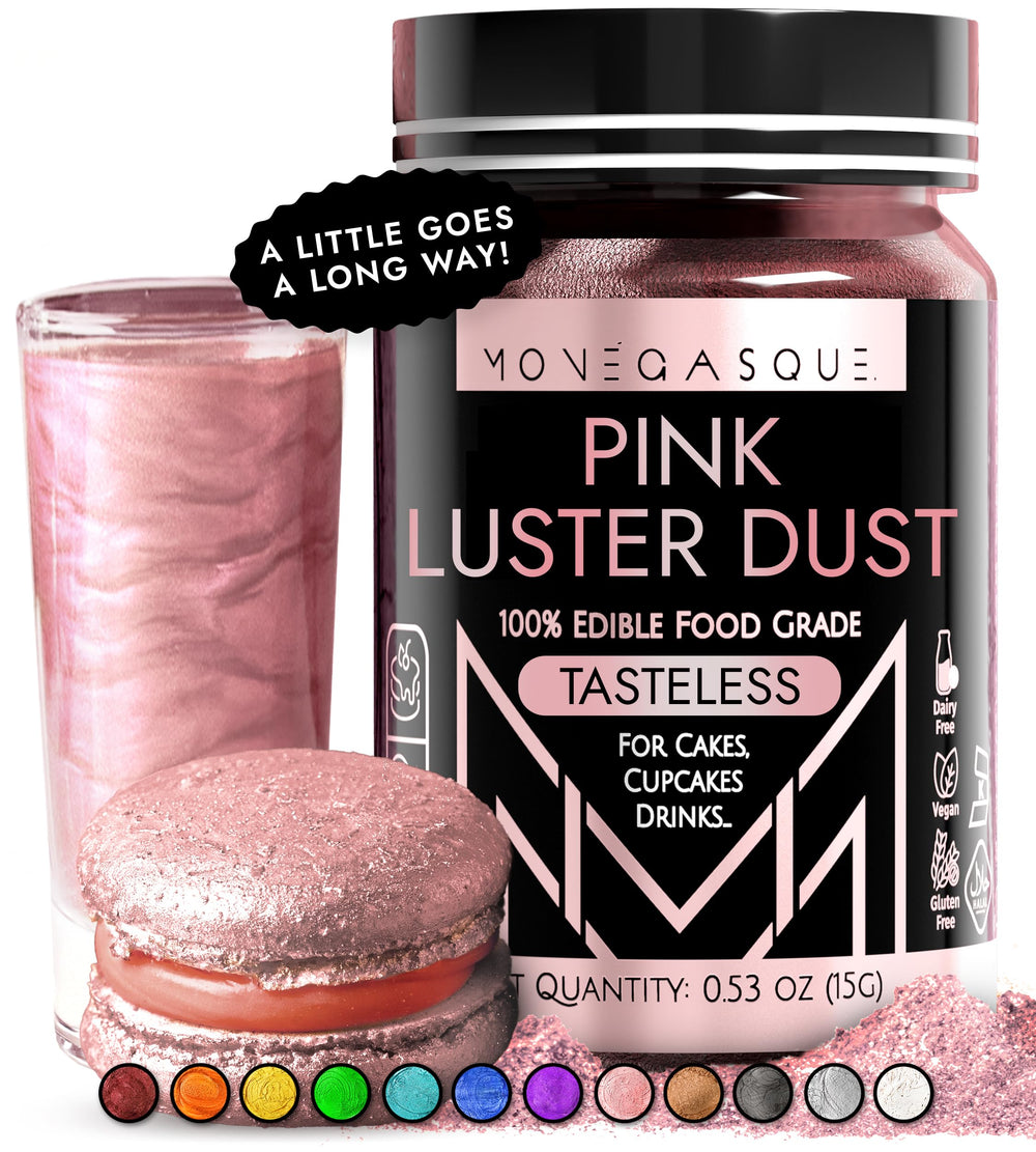 MONÉGASQUE jar front view showing pink edible glitter and clear label benefit presentation