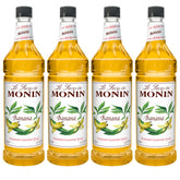Monin banana front packaging showing four 48-ounce bottles for reliable flavor