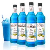 Monin bottle front label showing blue cotton candy flavor and clear branding benefits