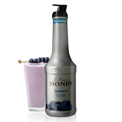 Monin bottle front label showing blueberry purée and brand for reliable flavor