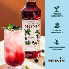 Monin blueberry syrup bottle label detail showing ingredients and clean-label benefit