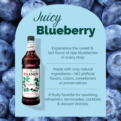 Monin blueberry syrup poured into glass lemonade showing color and flavor boost benefit