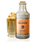 Monin bottle front label showing caramel sauce and product benefits
