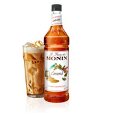 Monin caramel syrup front label showing 1L bottle and brand clarity