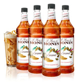 Monin caramel front packaging showing four 48-ounce bottles and branding benefits