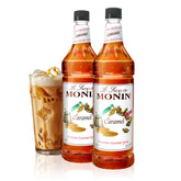 Monin bottle front label showing caramel syrup brand and rich flavor benefit