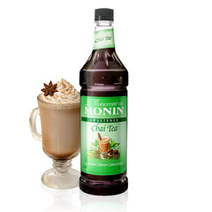 Monin spiced green chai concentrate front label showing product identity and benefits
