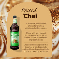 Monin chai concentrate poured over iced milk showing quick iced chai preparation