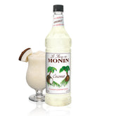 Monin coconut syrup front bottle view showing label and volume benefit
