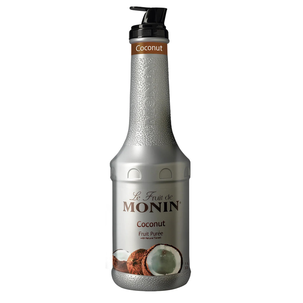 Monin bottle front view showing coconut puree label and usable 1L size benefit