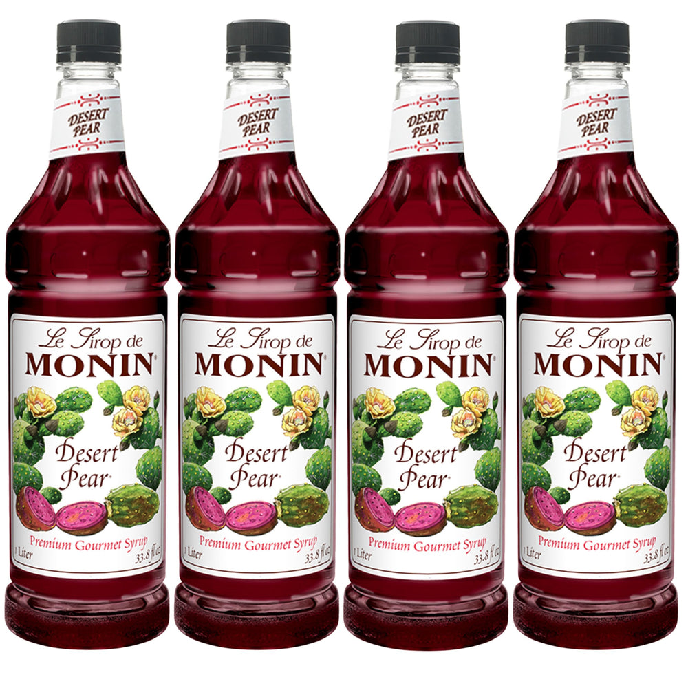 Monin Desert Pear front packaging bright fuschia syrup in 1L bottle shows label and pack of four