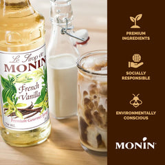 Monin product label and ingredient badges highlighting natural flavors and clean-label benefit