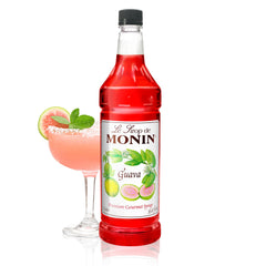 Monin guava front packaging showing one-liter bottle and branding benefit: easy tropical flavor