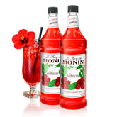 Monin hibiscus syrup front bottle shot showing label and vibrant color benefit