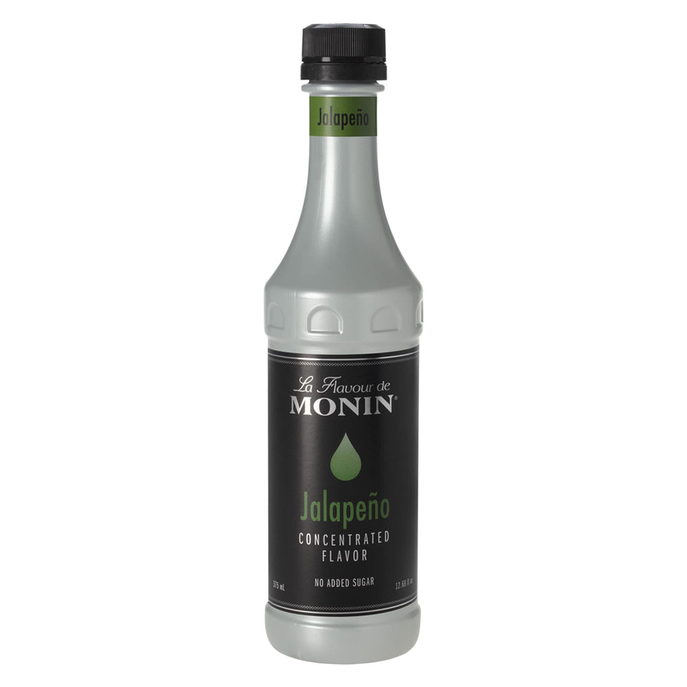Monin jalapeño 375ml bottle front view shows clear label and authentic flavor