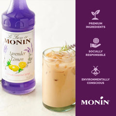 Monin lavender lemon syrup mixed into a sparkling cocktail for bright citrus lift
