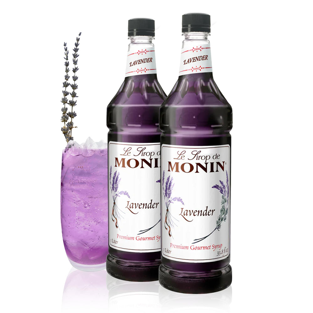 Monin lavender syrup front packaging showing bottle and purple hue benefit of consistent flavor