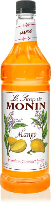 Monin mango syrup front label showing 1 L bottle and clear branding benefit consistent flavor