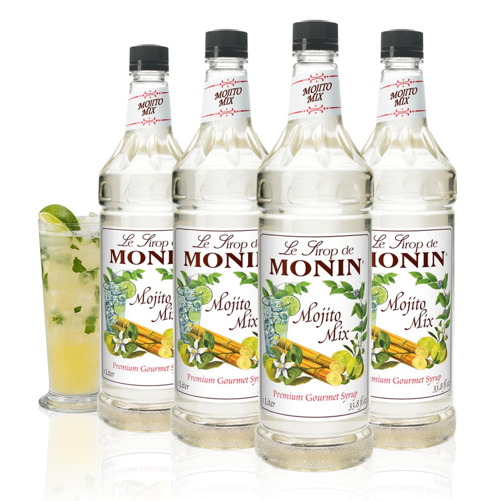 Monin Mojito Mix bottle front showing label and volume for easy identification and consistent pours
