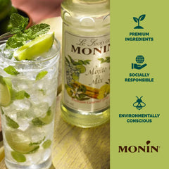 Four 33.8 fl oz Monin Mojito Mix bottles beside a cocktail shaker showing scale and supply