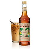 Monin bottle front label showing organic vanilla branding and 750ml size benefit